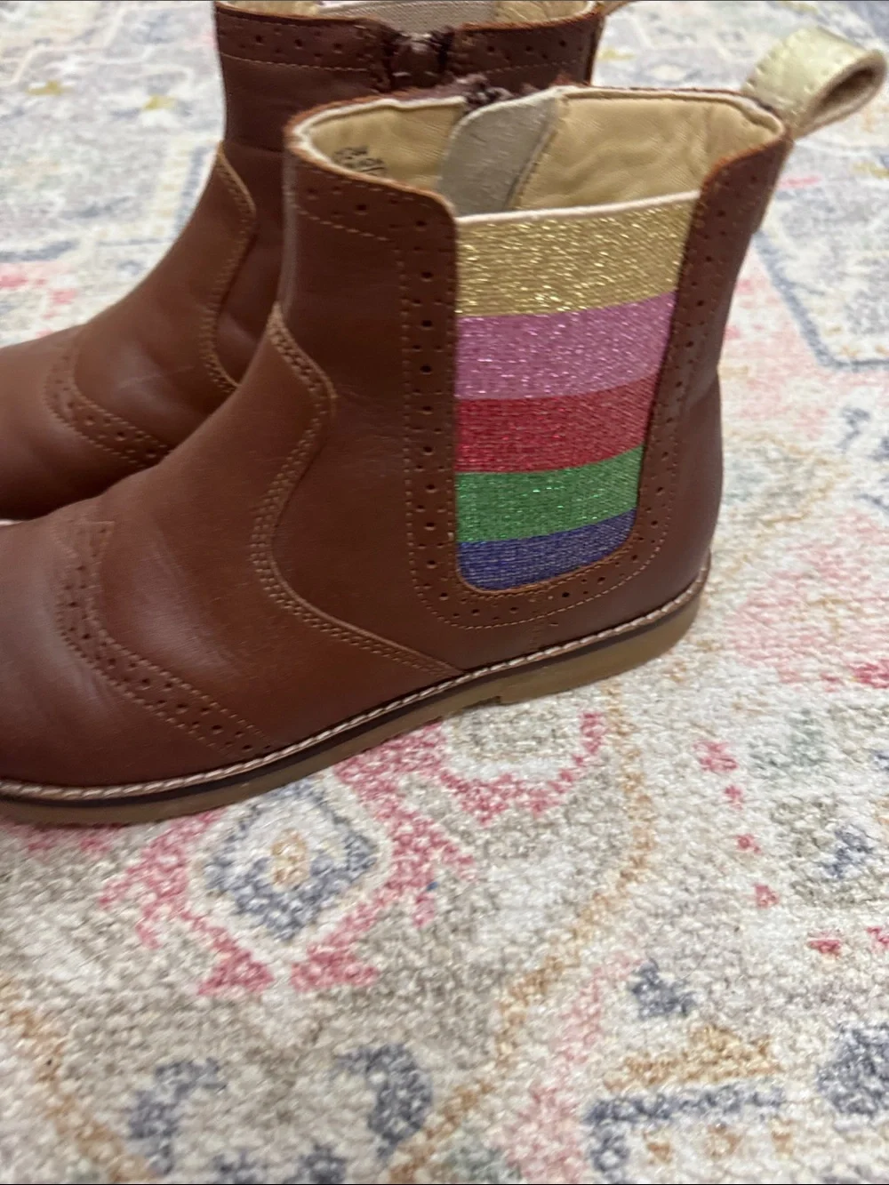 Mini Boden Brown Leather Chelsea Boots with Glitter Stripe Panel